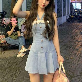 Spaghetti-strap Halter Denim Mini A-line Dress