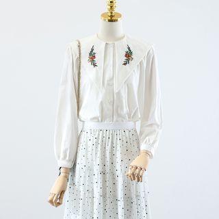Long-sleeve Floral Embroidered Blouse / Dotted Midi A-line Skirt
