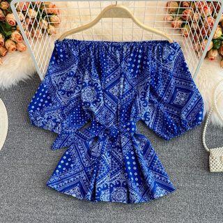 Paisley Off-shoulder Blouse With Sash