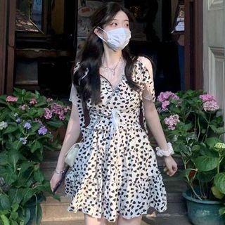 Spaghetti Strap Heart Print Mini A-line Dress / Short-sleeve Lace Top