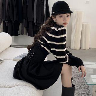 Puff-sleeve Striped Sweater / High Waist Mini A-line Skirt / Set