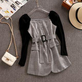 Belted Plaid Panel Sequined Knit Dress