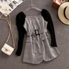 Belted Plaid Panel Sequined Knit Dress