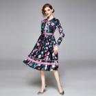 Long-sleeve Tie-neck Print Dress