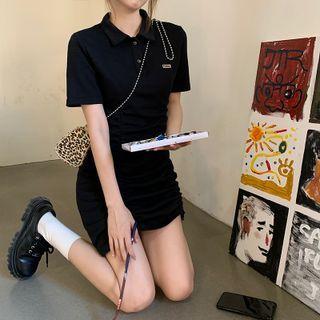 Short-sleeve Drawstring Collared Mini Sheath Dress Black - One Size