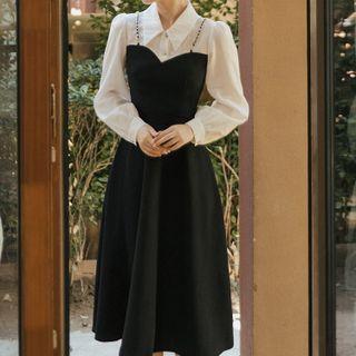 Mock Two-piece Chained Midi A-line Shirtdress