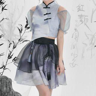 Short-sleeve Cold Shoulder Tasseled Crop Top / Mini Skirt