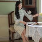 Plaid Mandarin Collar Long-sleeve Midi A-line Dress