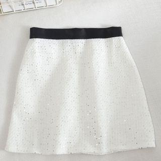 Zip-back Sequined Tweed Mini Skirt