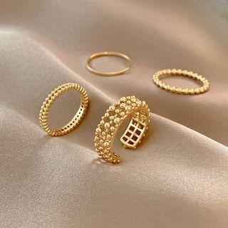 Set Of 4 : Alloy Ring / Open Ring (assorted Designs) Set Of 4 - J424 - Gold - One Size