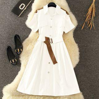 Short-sleeve Belt Waist Shirt Dress
