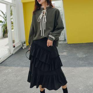 Bow Accent Pullover / Midi Layered Skirt