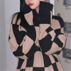 Plaid Long-sleeve Sweater Black+brown - One Size