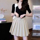 Short-sleeve Collar Knit Top / Pleated Mini A-line Skirt / Set