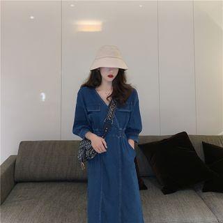 3/4-sleeve Midi Denim A-line Dress Blue - One Size