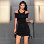 Off Shoulder Plain Pleated Drawstring Skinny Mini Dress