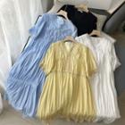 Puff-sleeve V-neck Cutout Ruffle Dress