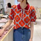 Puff-sleeve Floral Knit Polo Shirt