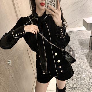 Contrast-trim Tie-neck Blouse/ High-waist Double-breasted Shorts