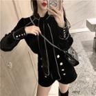Contrast-trim Tie-neck Blouse/ High-waist Double-breasted Shorts