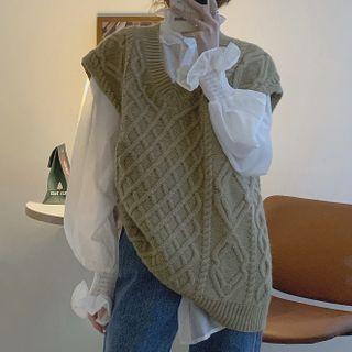 Lantern-sleeve Blouse / Cable-knit Sweater Vest