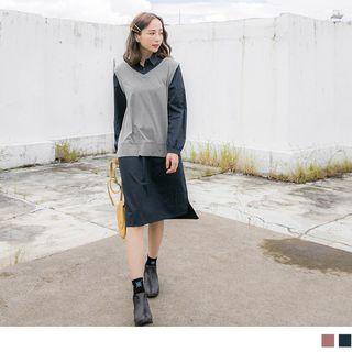 Two Tone Mock Two Piece Collared Dress