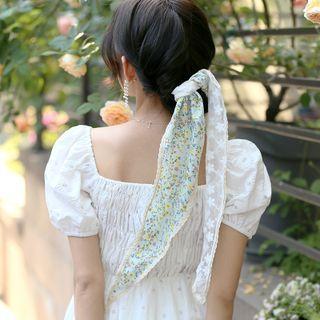Asymmetrical Plaid Floral Mesh Scarf Hair Tie