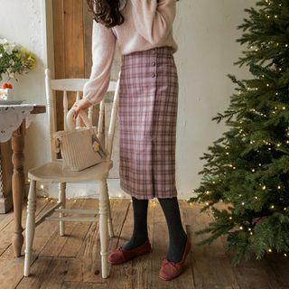 Button-trim Plaid Long Skirt