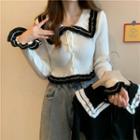 Bell-sleeve Collar Two-tone Knit Top
