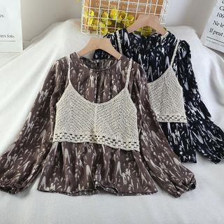 Set: Long-sleeve Print Blouse + Knit Camisole