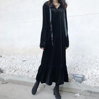 Plain Long-sleeve Loose-fit Hooded Dress As Figure - One Size