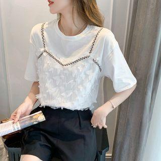 Short-sleeve Mock Two-piece Butterfly Detail T-shirt