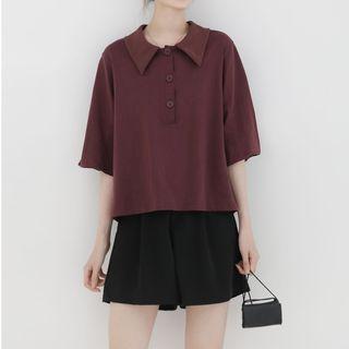 Plain Elbow-sleeve Polo Shirt Wine Purple - One Size