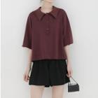 Plain Elbow-sleeve Polo Shirt Wine Purple - One Size