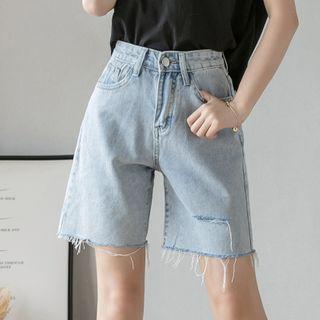 High-waist Distressed Straight-cut Denim Shorts