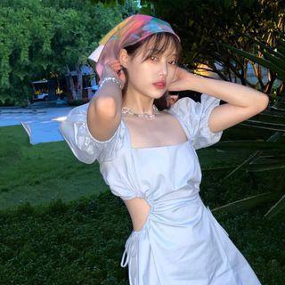 Short-sleeve Square-neck Mini A-line Dress Blue - One Size