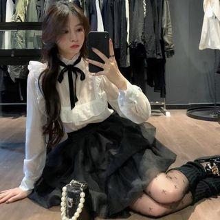 Tie-neck Frill Trim Blouse / Mini A-line Skirt