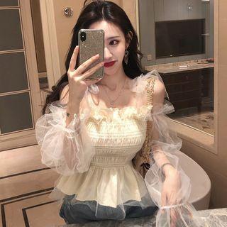 Mesh Panel Long-sleeve Blouse Almond - One Size