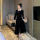 Collared Long-sleeve Midi Velvet A-line Dress