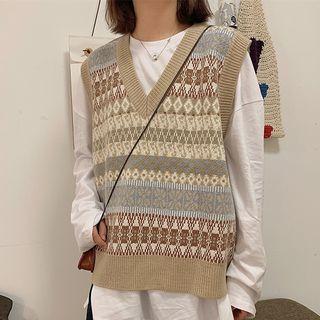 Sleeveless Patterned V-neck Knit Top As Shown In Figure - One Size