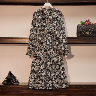 Long-sleeve Ribbon-neckline Ruffle Trim Floral Dress