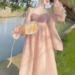 Spaghetti-strap Two-tone Midi A-line Dress / Light Jacket / Set