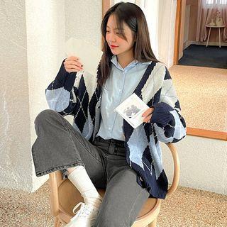 Drop-shoulder Argyle Pattern Cardigan