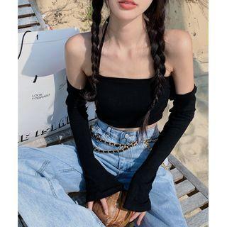 Set: Long-sleeve Plain Shawl + Halter Camisole Top