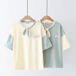 Short-sleeve Cat Print Bow T-shirt
