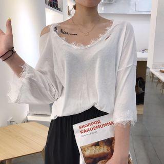 Lace Trim Ripped 3/4 Sleeve T-shirt