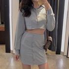 Long-sleeve Crop Shirt / Mini A-line Skirt