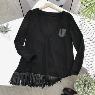 Set Of 2: Long-sleeve Plain T-shirt + Plain Tank Top Black - One Size