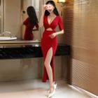 V-neck Cut-out Short-sleeve Slit Maxi Sheath Dress