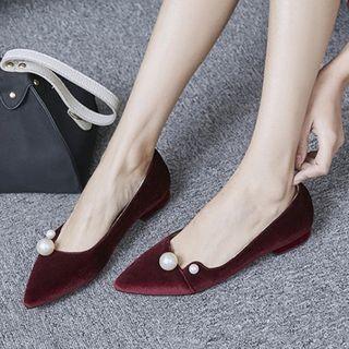 Faux Pearl Pointy Toe Velvet Flats